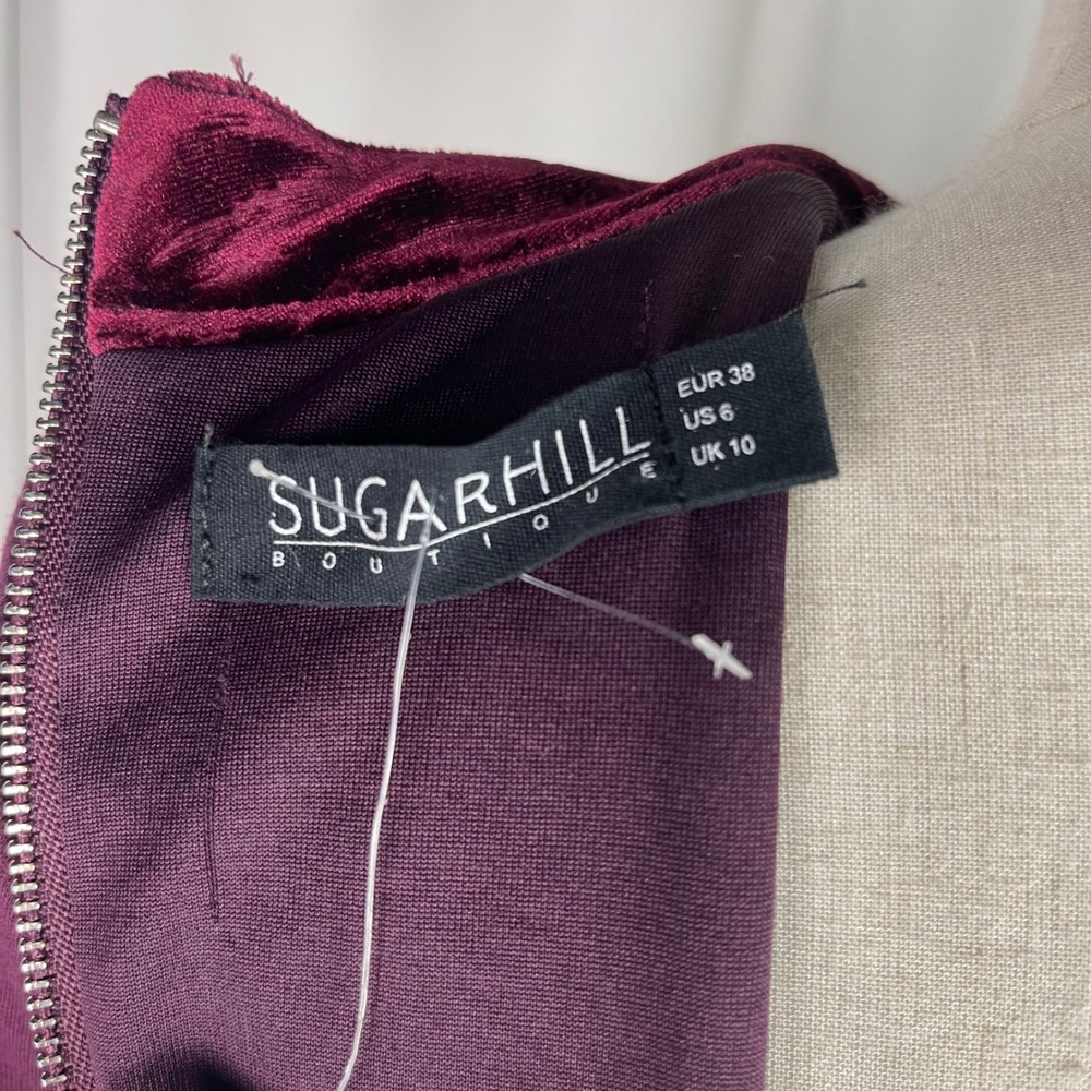 NWT Sugarhill Boutique Burgundy Velvet Panel Long Sleeve Bodycon Dress - US6 - Picture 9 of 13